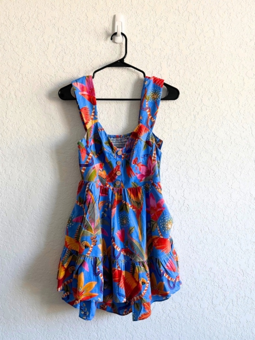 FARM Rio Macaw Party Tropical Resort Linen Blend Tiered Mini Dress, Size XS